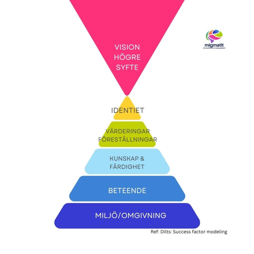 Förändringspyramiden
Vision/Högre syfte
Identitet
Värderingar & Föreställningar
Kunskap & Färdigheter
Beteende
Miljö & Omgivning 